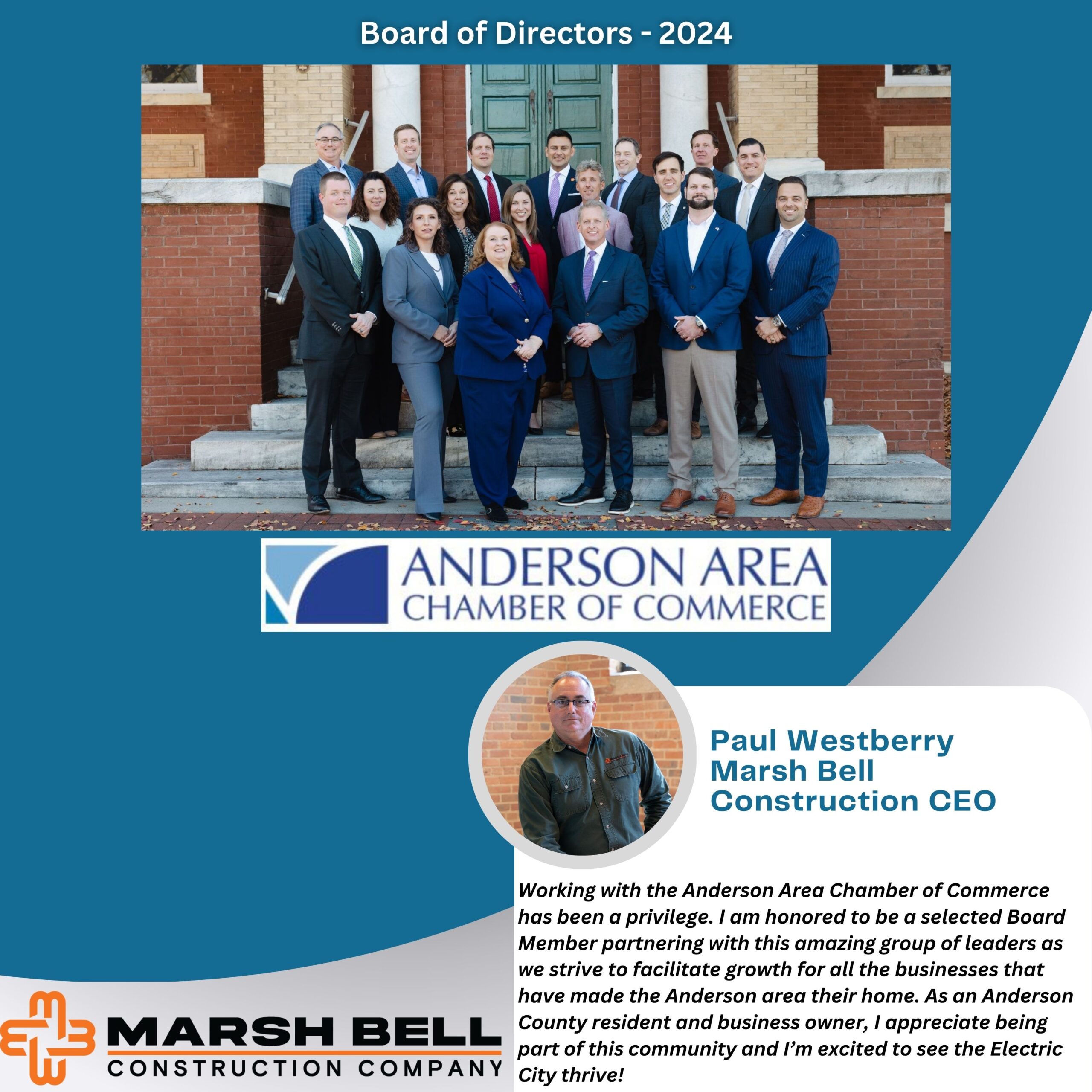 Marsh Bell CEO, Paul M Westberry to serve on Anderson Area Chamber of Commerce 2024 Board of Directors